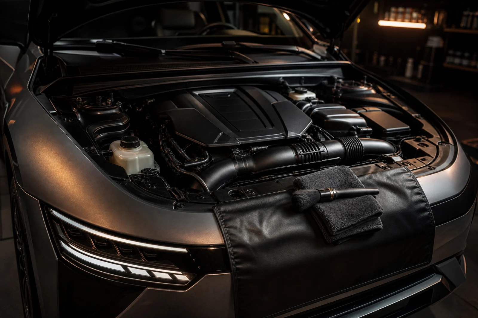 Čistý motorový prostor s otevřenou kapotou, štětec a mikrovlákno na blatníku