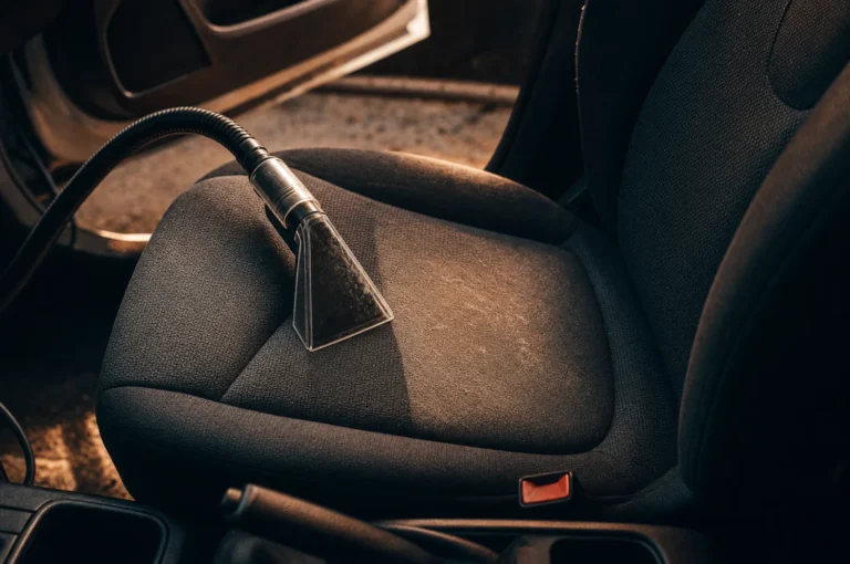 Hubice extraktoru na látkové autosedačce při tepování